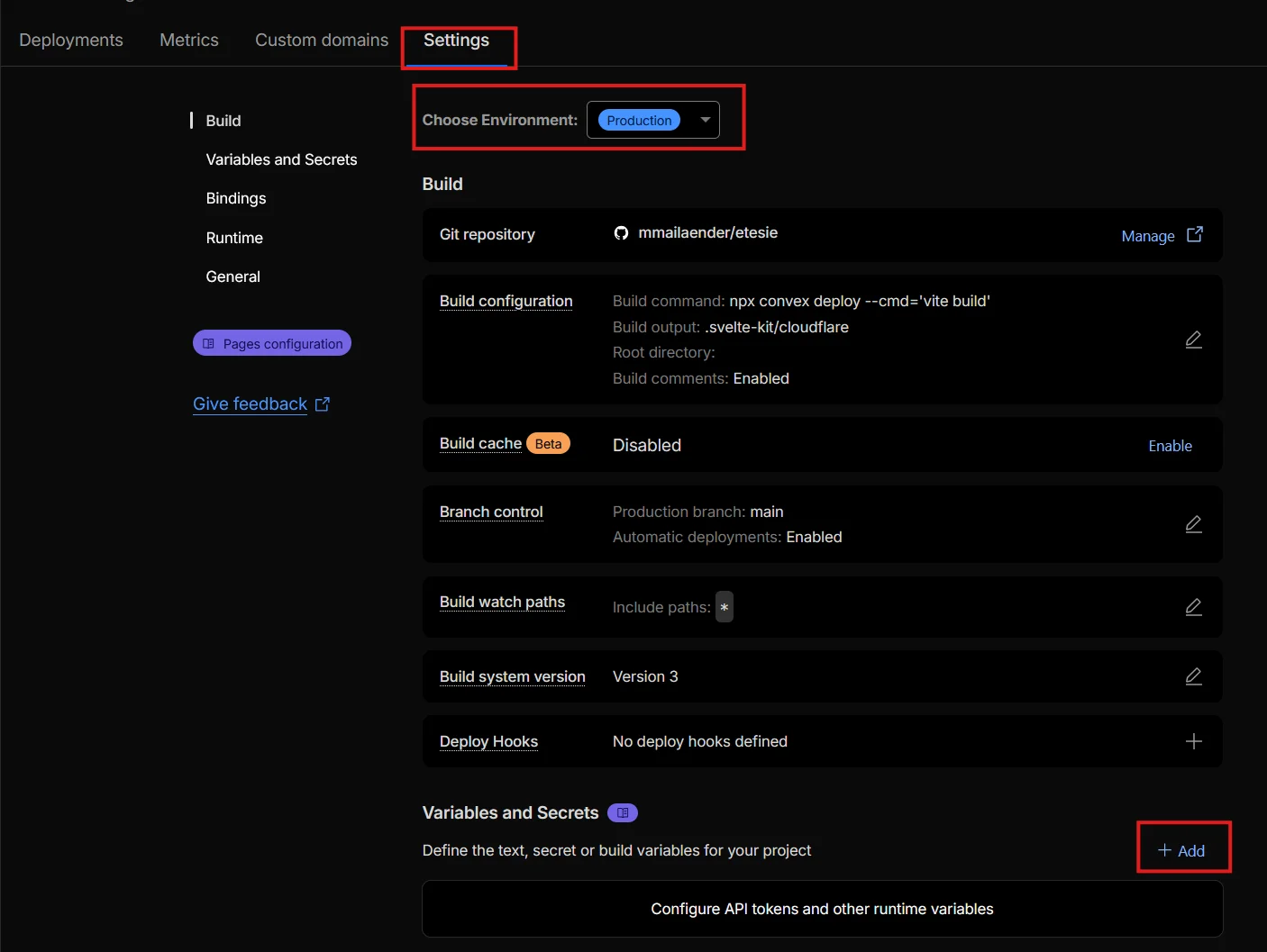 Cloudflare project settings with the environment selector and Variables and Secrets section