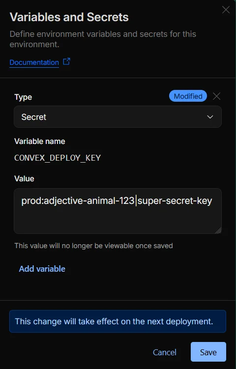 Cloudflare add variable drawer with Secret selected
