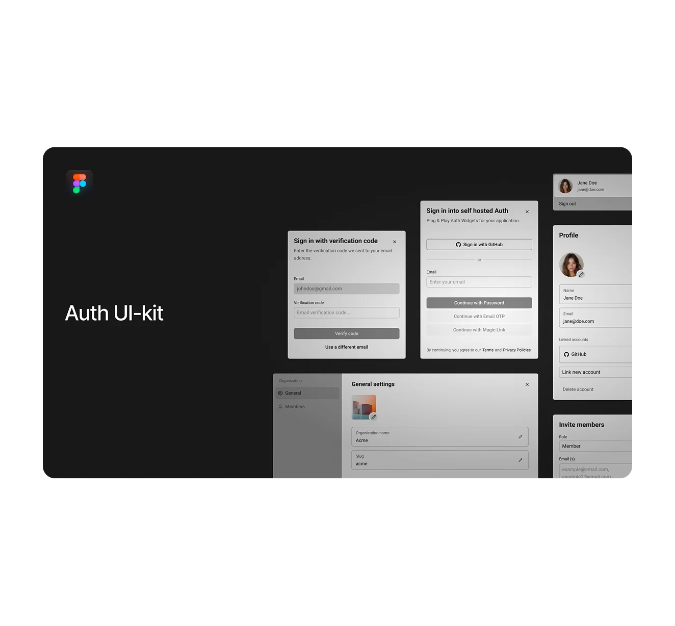 Dark-themed Figma canvas showing Skeleton components, search, and cards. Demonstrates on-brand UI with tokens and themes.