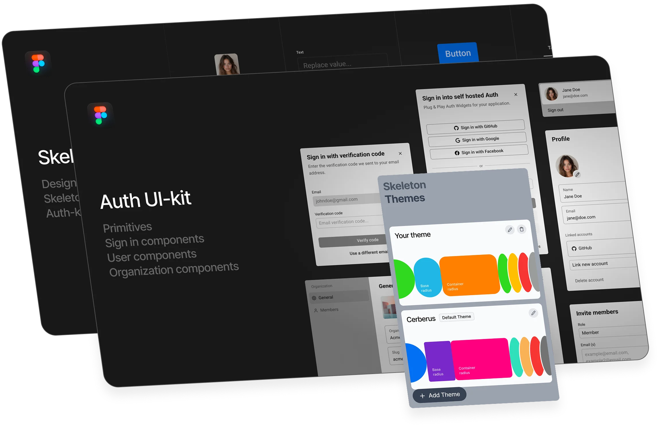 Dark-themed Figma canvas showing Skeleton components, search, and cards. Demonstrates on-brand UI with tokens and themes.