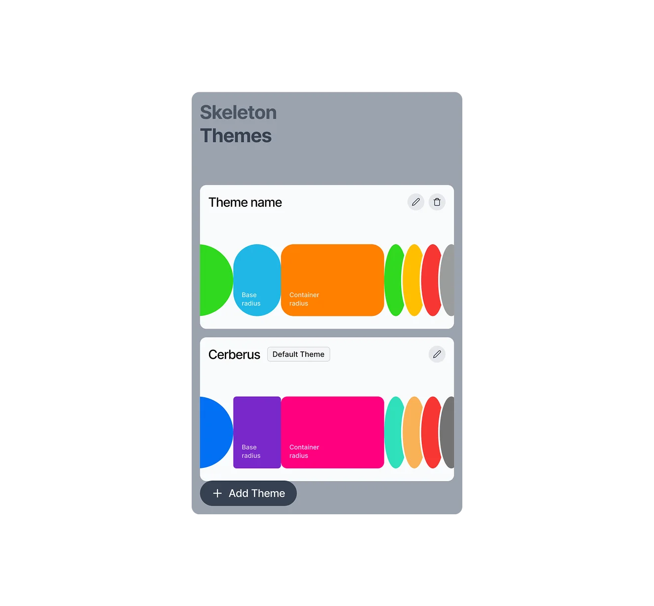 Figma plugin interface showcasing theme support with colorful components and settings labeled 'Skeleton Themes' and 'Your theme', enhancing design workflow.