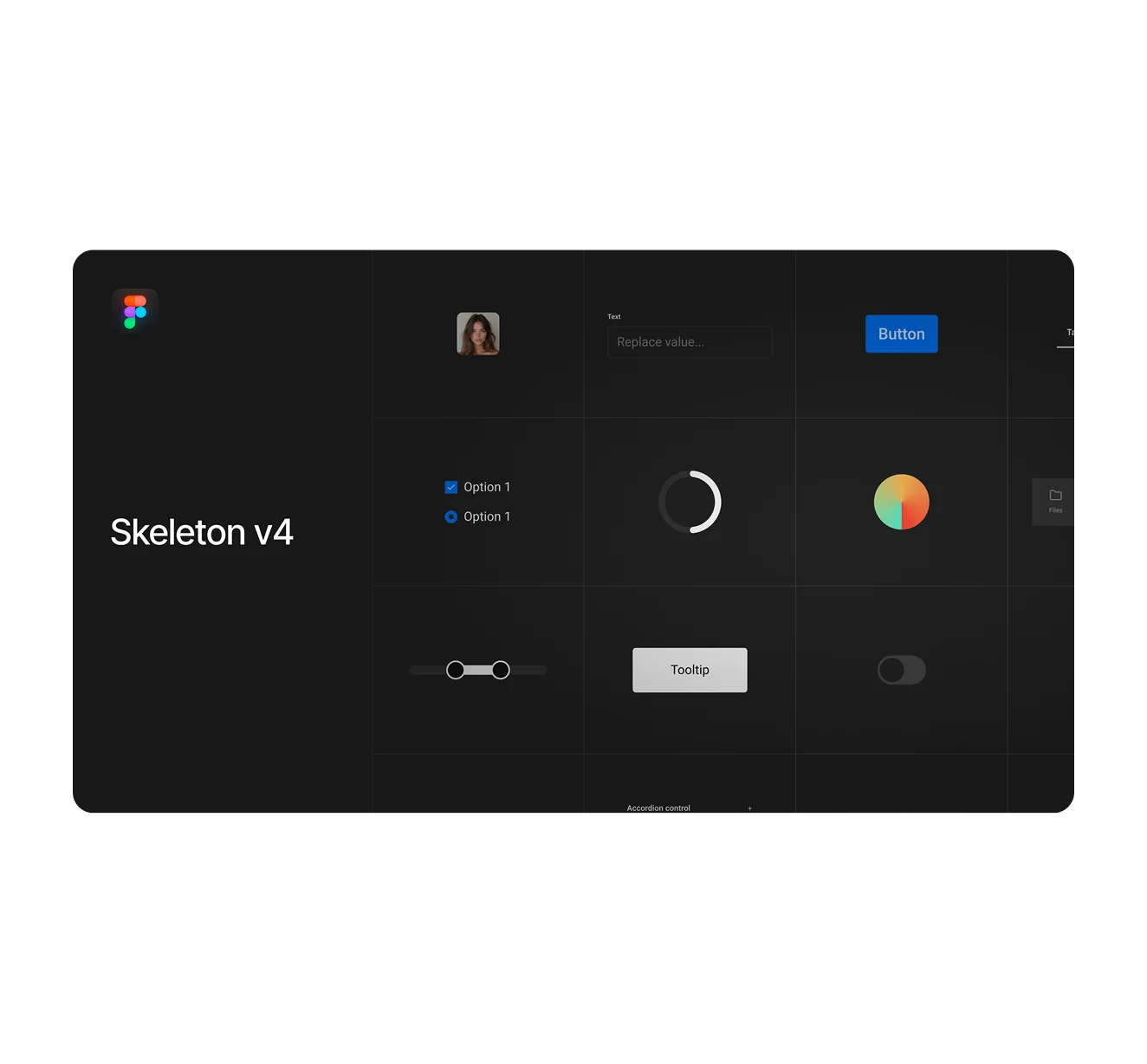 Dark-themed Figma canvas showing Skeleton components, search, and cards. Demonstrates on-brand UI with tokens and themes.